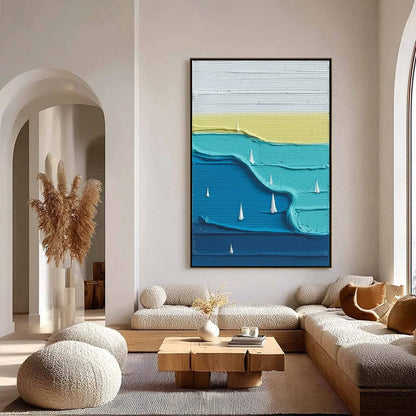 SAILBOAT SERENITY: Textured Minimalist Abstract Seascape Painting | gold frame stretched on neutral wall