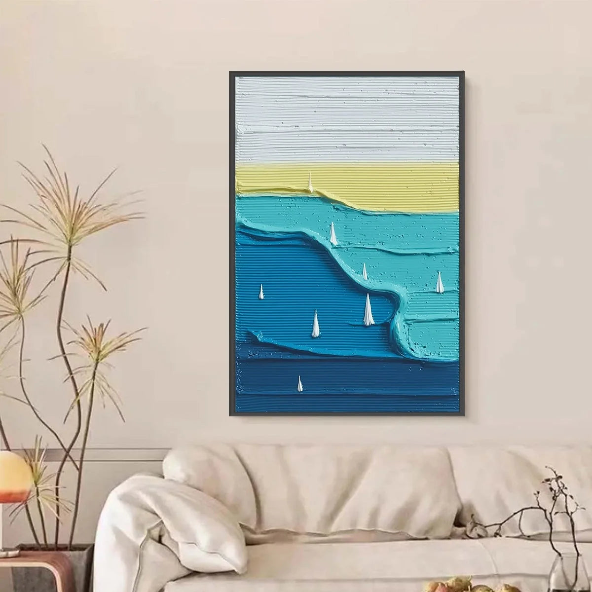 SAILBOAT SERENITY: Textured Minimalist Abstract Seascape Painting | black frame version on white wall