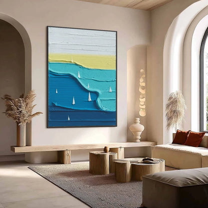 SAILBOAT SERENITY: Textured Minimalist Abstract Seascape Painting | Minimalist mood, soft natural light studio shot