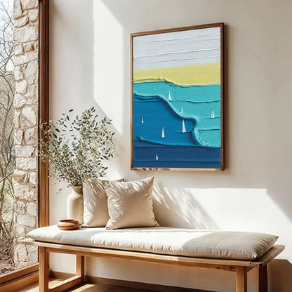 SAILBOAT SERENITY: Textured Minimalist Abstract Seascape Painting | multi-color palette, original oil on stretched canvas art