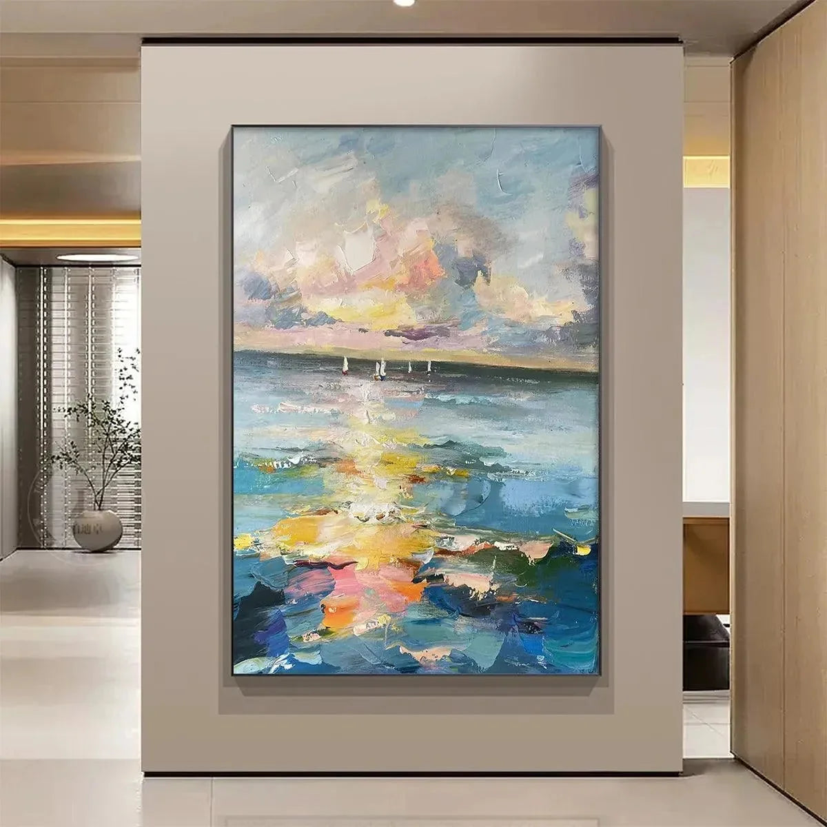 SAILBOATS AT SUNSET: Seascape Painting, Impasto, Textured Wall Art, Ocean Sunset, Vertical | Abstract closeup, raised brushwork detail