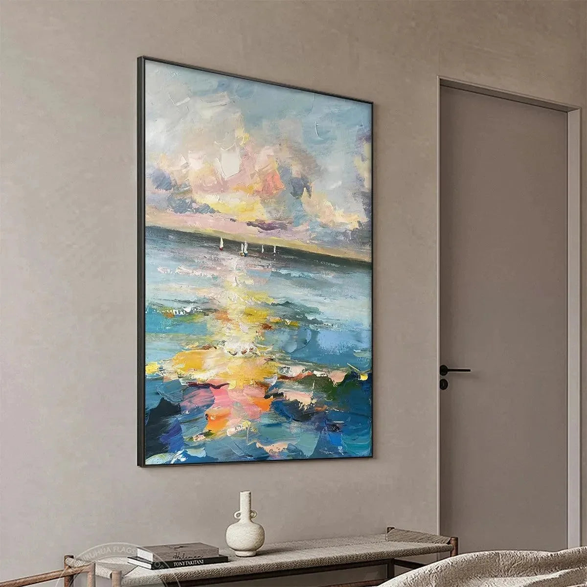 SAILBOATS AT SUNSET: Seascape Painting, Impasto, Textured Wall Art, Ocean Sunset, Vertical | gold frame stretched on neutral wall