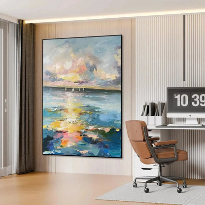 SAILBOATS AT SUNSET: Seascape Painting, Impasto, Textured Wall Art, Ocean Sunset, Vertical | rolled canvas, ready for custom framing