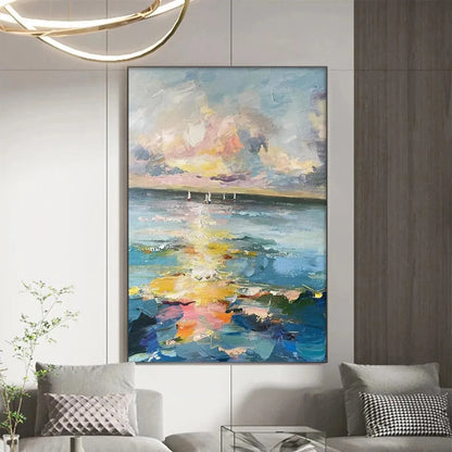 SAILBOATS AT SUNSET: Seascape Painting, Impasto, Textured Wall Art, Ocean Sunset, Vertical | black frame version on white wall