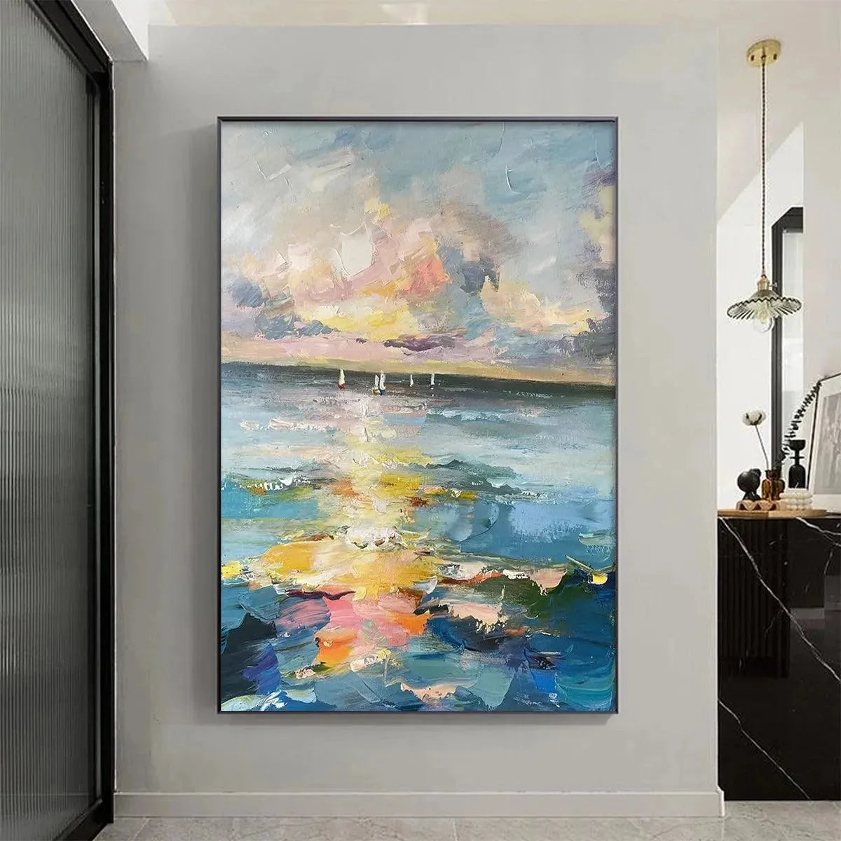 SAILBOATS AT SUNSET: Seascape Painting, Impasto, Textured Wall Art, Ocean Sunset, Vertical | Abstract mood, soft natural light studio shot