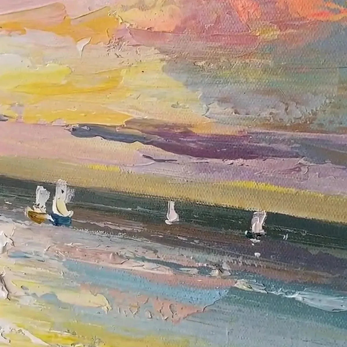 SAILBOATS AT SUNSET: Seascape Painting, Impasto, Textured Wall Art, Ocean Sunset, Vertical | multi-color palette, original oil on stretched canvas art