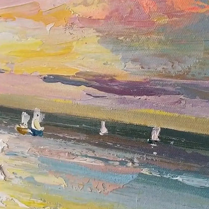 SAILBOATS AT SUNSET: Seascape Painting, Impasto, Textured Wall Art, Ocean Sunset, Vertical | multi-color palette, original oil on stretched canvas art