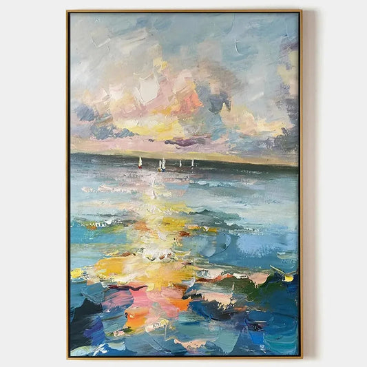 SAILBOATS AT SUNSET: Seascape Painting, Impasto, Textured Wall Art, Ocean Sunset, Vertical | hanging in living room, Abstract wall art