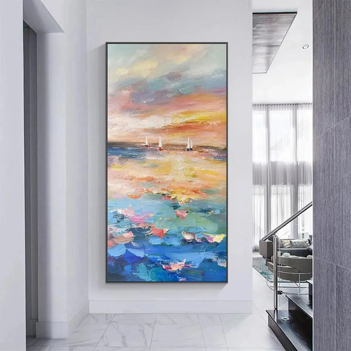 SAILING AT SUNSET: Colorful Seascape Painting, Textured Wall Art, Vertical Canvas, Beach Decor | Abstract closeup, raised brushwork detail