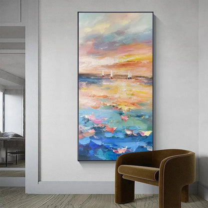 SAILING AT SUNSET: Colorful Seascape Painting, Textured Wall Art, Vertical Canvas, Beach Decor | gold frame stretched on neutral wall