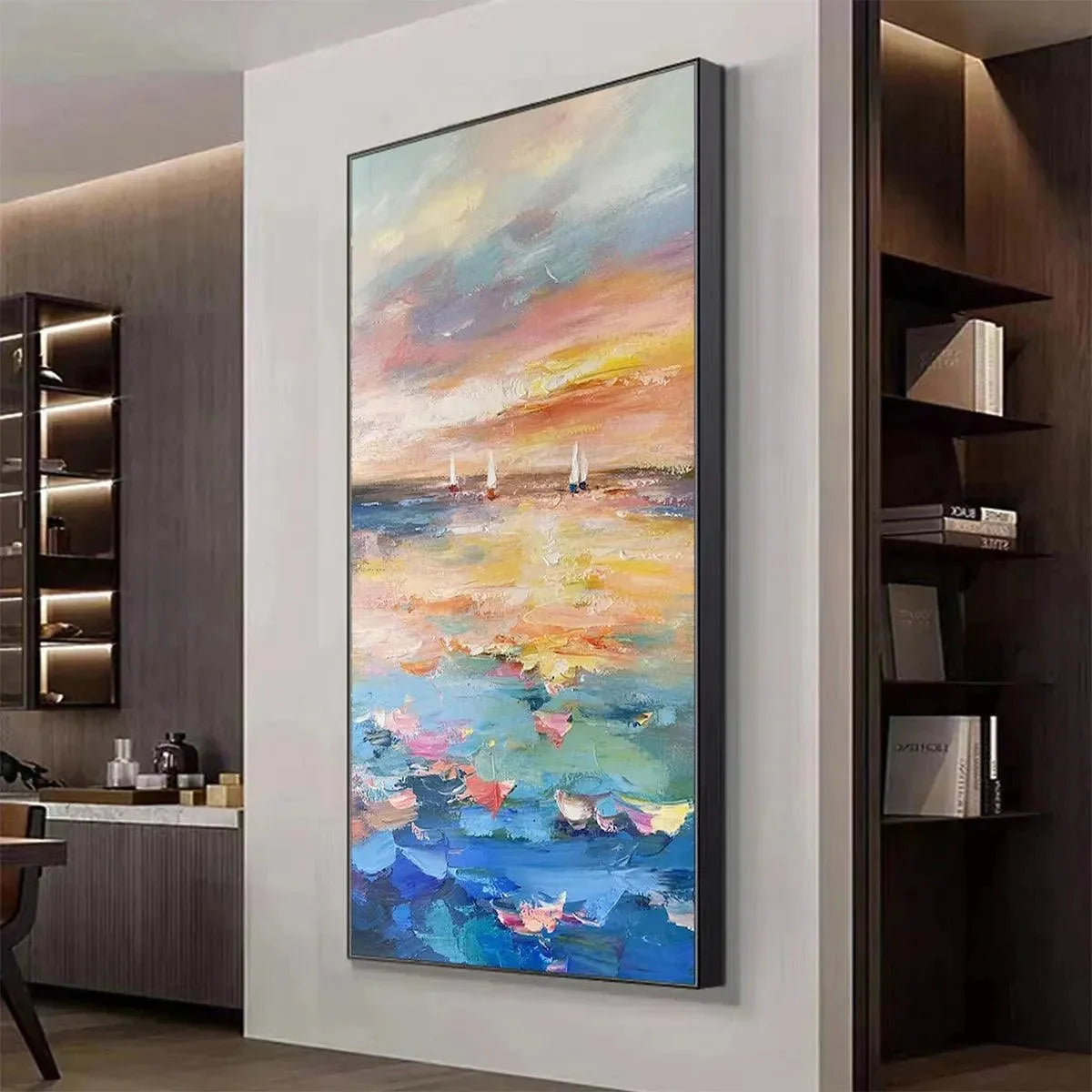 SAILING AT SUNSET: Colorful Seascape Painting, Textured Wall Art, Vertical Canvas, Beach Decor | rolled canvas, ready for custom framing