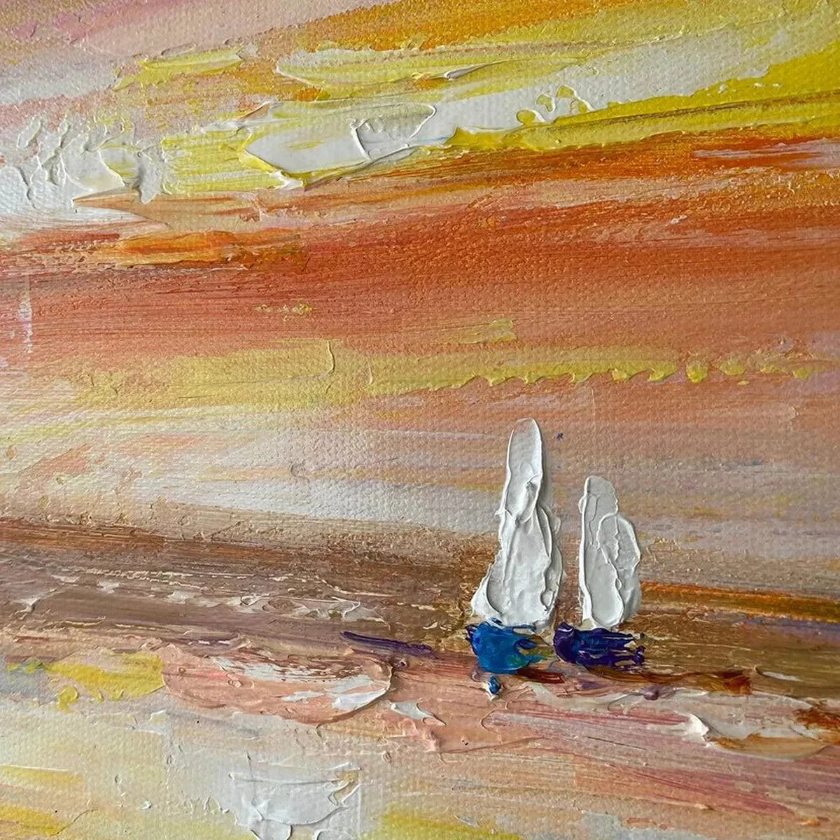 SAILING AT SUNSET: Colorful Seascape Painting, Textured Wall Art, Vertical Canvas, Beach Decor | black frame version on white wall