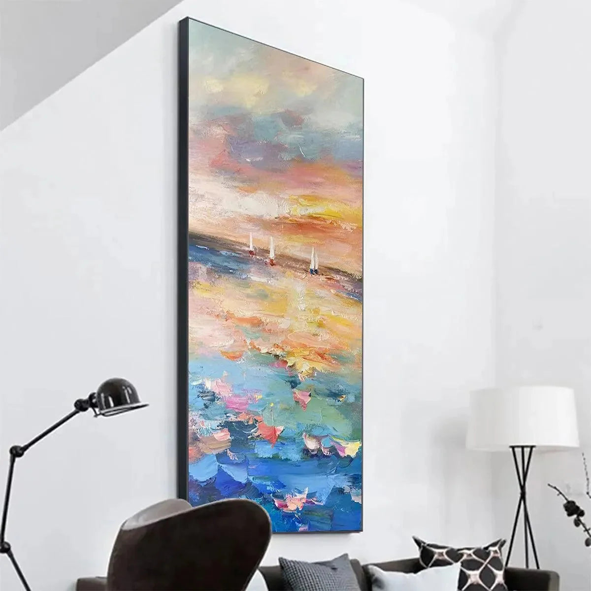 SAILING AT SUNSET: Colorful Seascape Painting, Textured Wall Art, Vertical Canvas, Beach Decor | Abstract mood, soft natural light studio shot