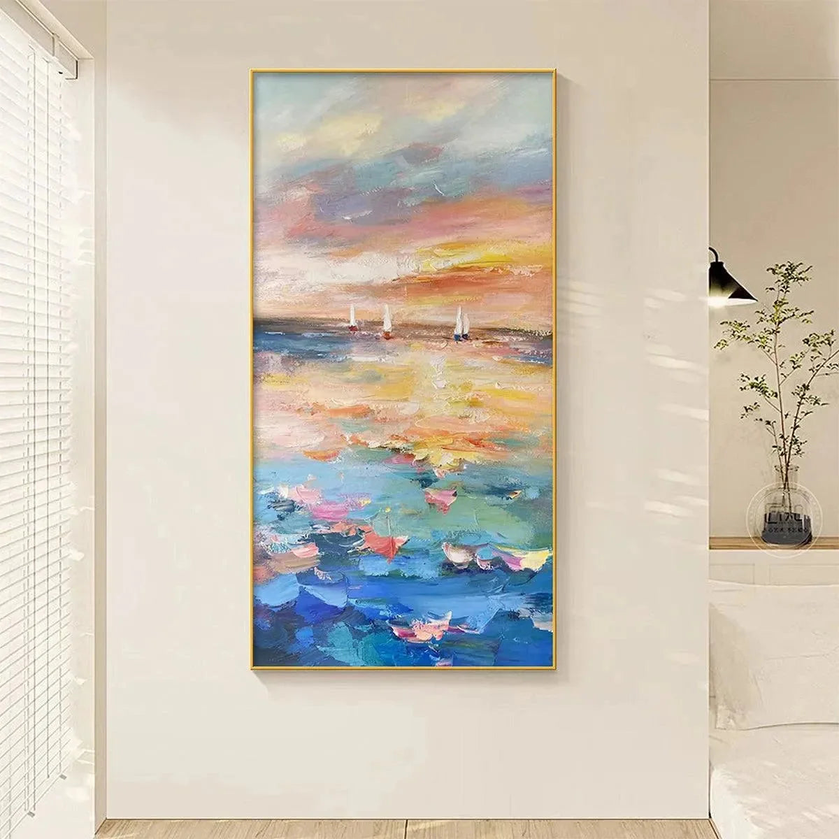 SAILING AT SUNSET: Colorful Seascape Painting, Textured Wall Art, Vertical Canvas, Beach Decor | multi-color palette, original oil on stretched canvas art