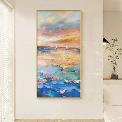 SAILING AT SUNSET: Colorful Seascape Painting, Textured Wall Art, Vertical Canvas, Beach Decor | multi-color palette, original oil on stretched canvas art