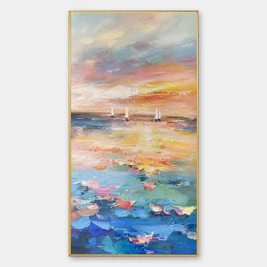 SAILING AT SUNSET: Colorful Seascape Painting, Textured Wall Art, Vertical Canvas, Beach Decor | hanging in living room, Abstract wall art