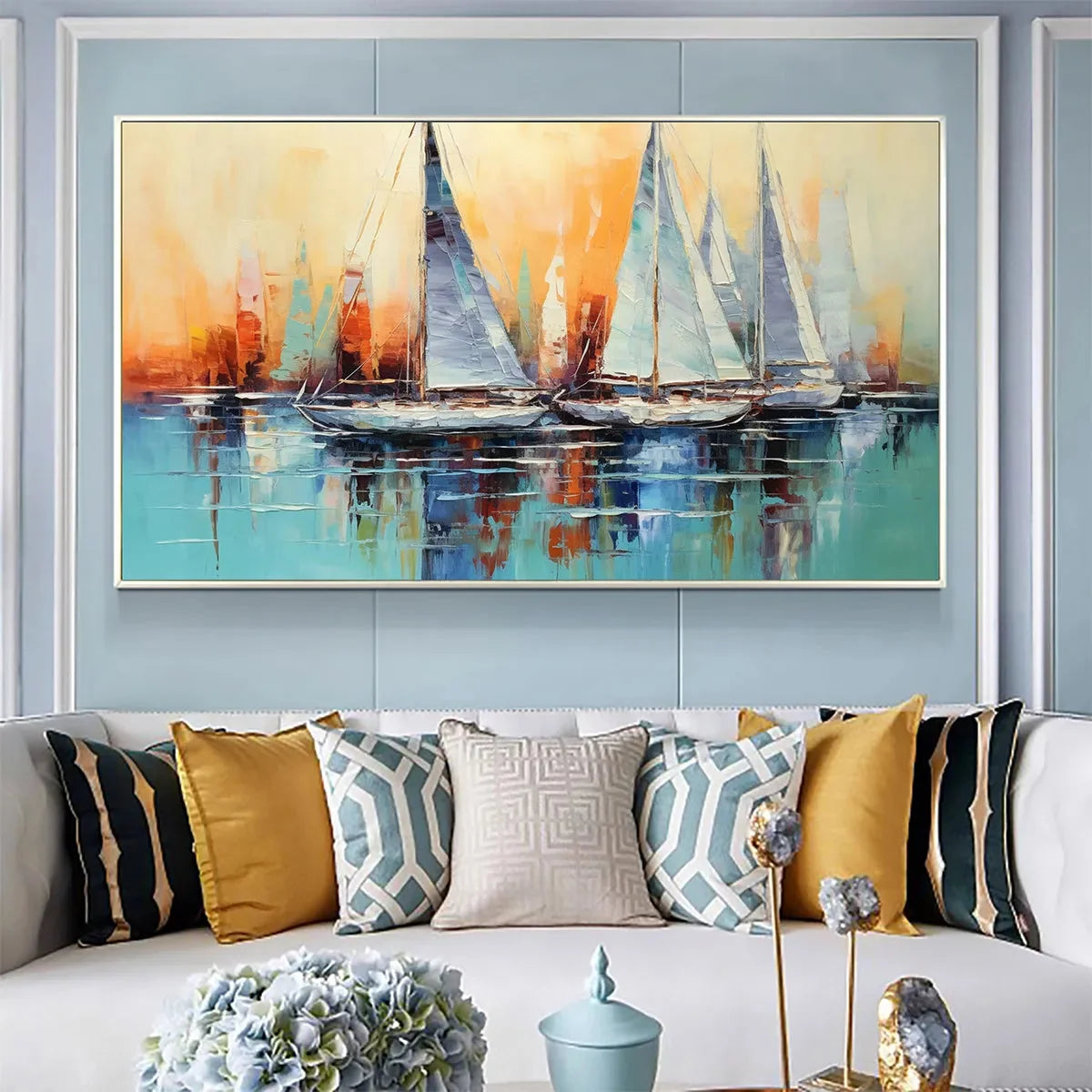 SAILING AT SUNSET: Panoramic Sailboat Painting, Coastal Wall Art, Blue, Orange, Living Room, Bedroom, Office | Abstract closeup, raised brushwork detail