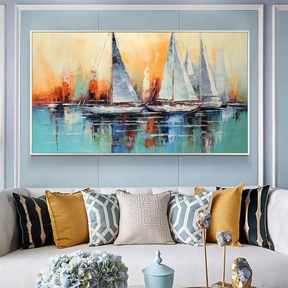 SAILING AT SUNSET: Panoramic Sailboat Painting, Coastal Wall Art, Blue, Orange, Living Room, Bedroom, Office | Abstract closeup, raised brushwork detail