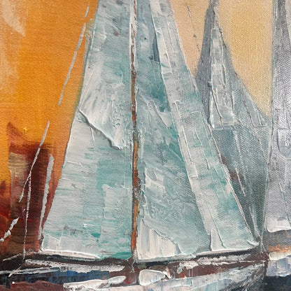 SAILING AT SUNSET: Panoramic Sailboat Painting, Coastal Wall Art, Blue, Orange, Living Room, Bedroom, Office | rectangular format, hand-painted canvas edge