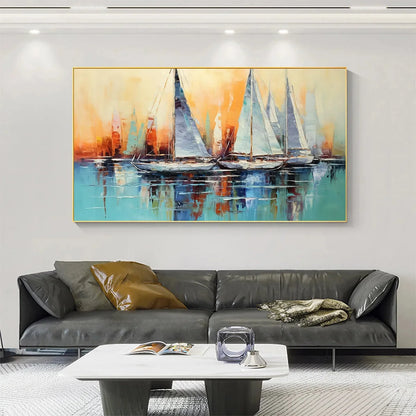 SAILING AT SUNSET: Panoramic Sailboat Painting, Coastal Wall Art, Blue, Orange, Living Room, Bedroom, Office | gold frame stretched on neutral wall