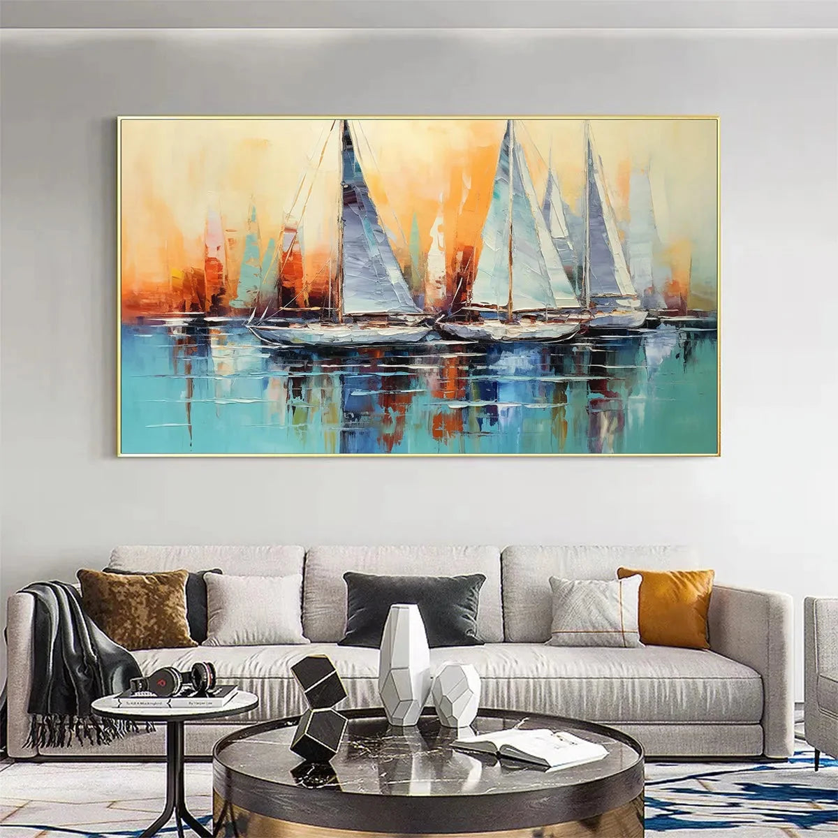 SAILING AT SUNSET: Panoramic Sailboat Painting, Coastal Wall Art, Blue, Orange, Living Room, Bedroom, Office | rolled canvas, ready for custom framing
