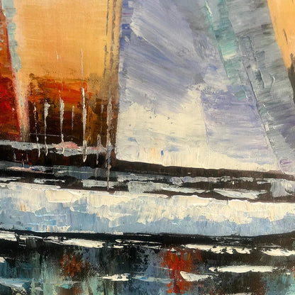 SAILING AT SUNSET: Panoramic Sailboat Painting, Coastal Wall Art, Blue, Orange, Living Room, Bedroom, Office | black frame version on white wall