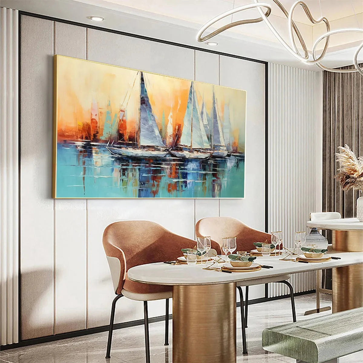SAILING AT SUNSET: Panoramic Sailboat Painting, Coastal Wall Art, Blue, Orange, Living Room, Bedroom, Office | Abstract mood, soft natural light studio shot