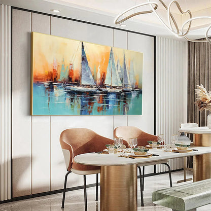 SAILING AT SUNSET: Panoramic Sailboat Painting, Coastal Wall Art, Blue, Orange, Living Room, Bedroom, Office | Abstract mood, soft natural light studio shot