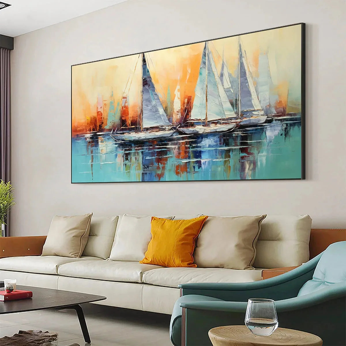 SAILING AT SUNSET: Panoramic Sailboat Painting, Coastal Wall Art, Blue, Orange, Living Room, Bedroom, Office | multi-color palette, original oil on stretched canvas art