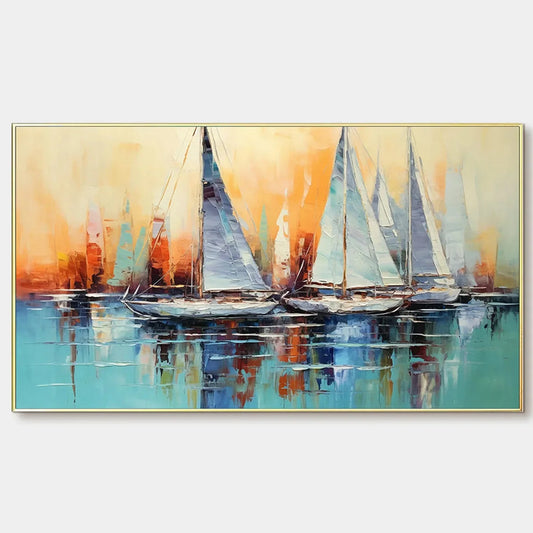 SAILING AT SUNSET: Panoramic Sailboat Painting, Coastal Wall Art, Blue, Orange, Living Room, Bedroom, Office | hanging in living room, Abstract wall art