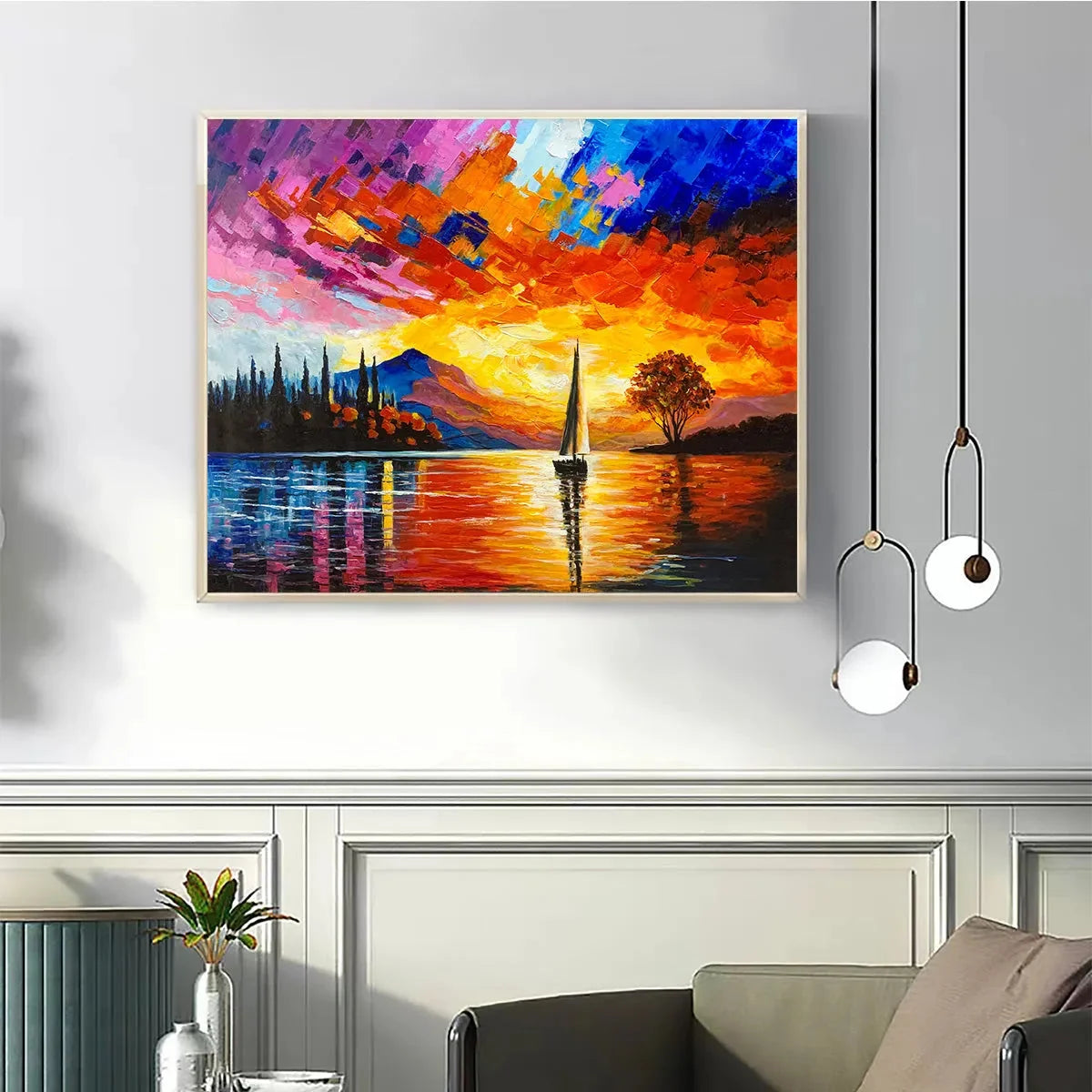 SAILING AT SUNSET: Square Impasto Landscape Painting of a Tranquil Lake | Landscape closeup, raised brushwork detail