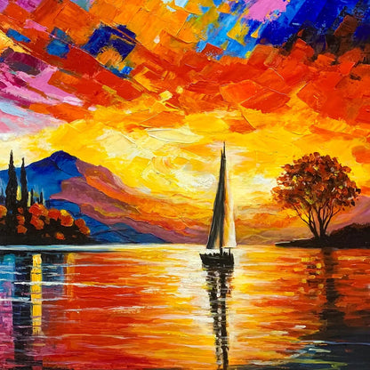 SAILING AT SUNSET: Square Impasto Landscape Painting of a Tranquil Lake | rectangular format, hand-painted canvas edge