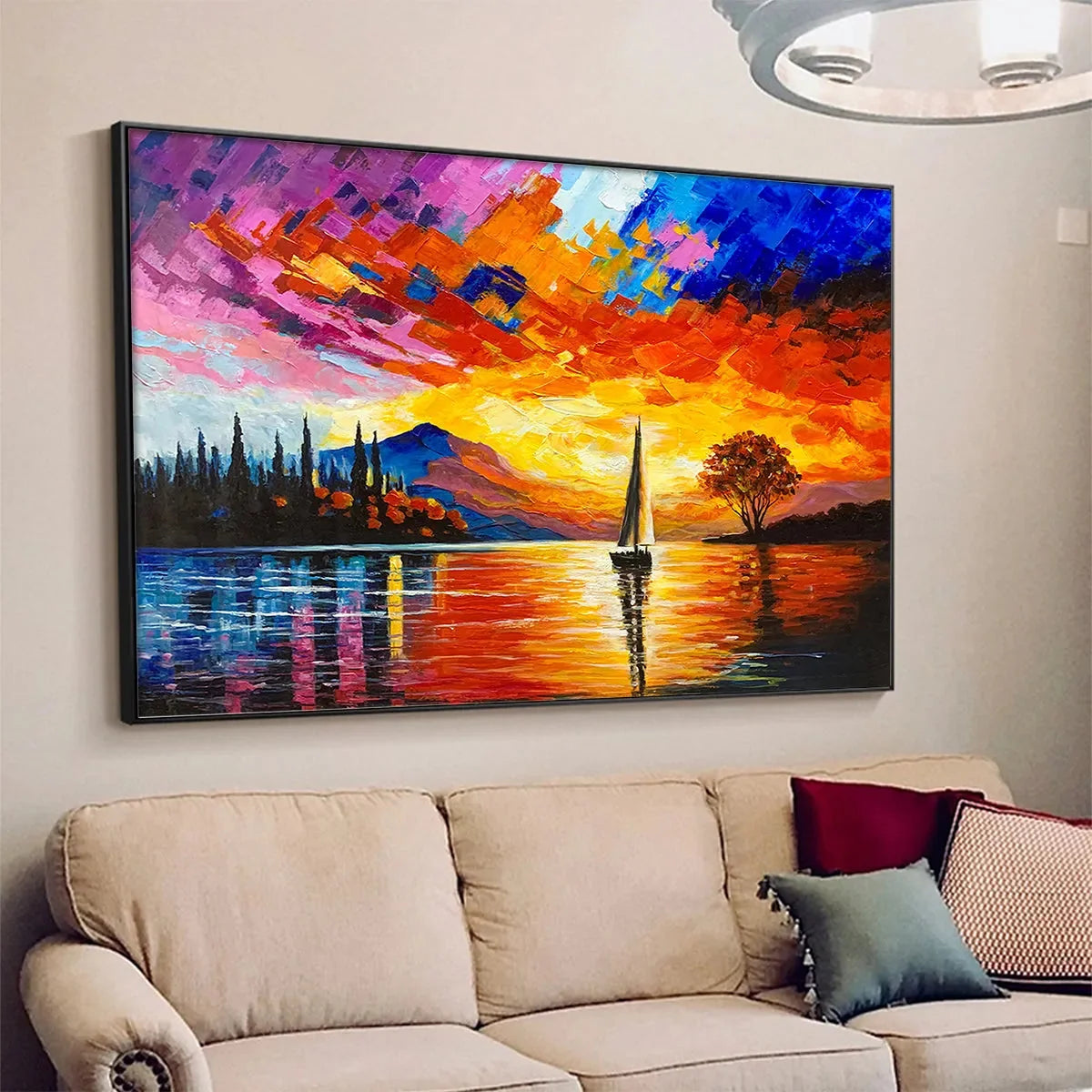 SAILING AT SUNSET: Square Impasto Landscape Painting of a Tranquil Lake | gold frame stretched on neutral wall