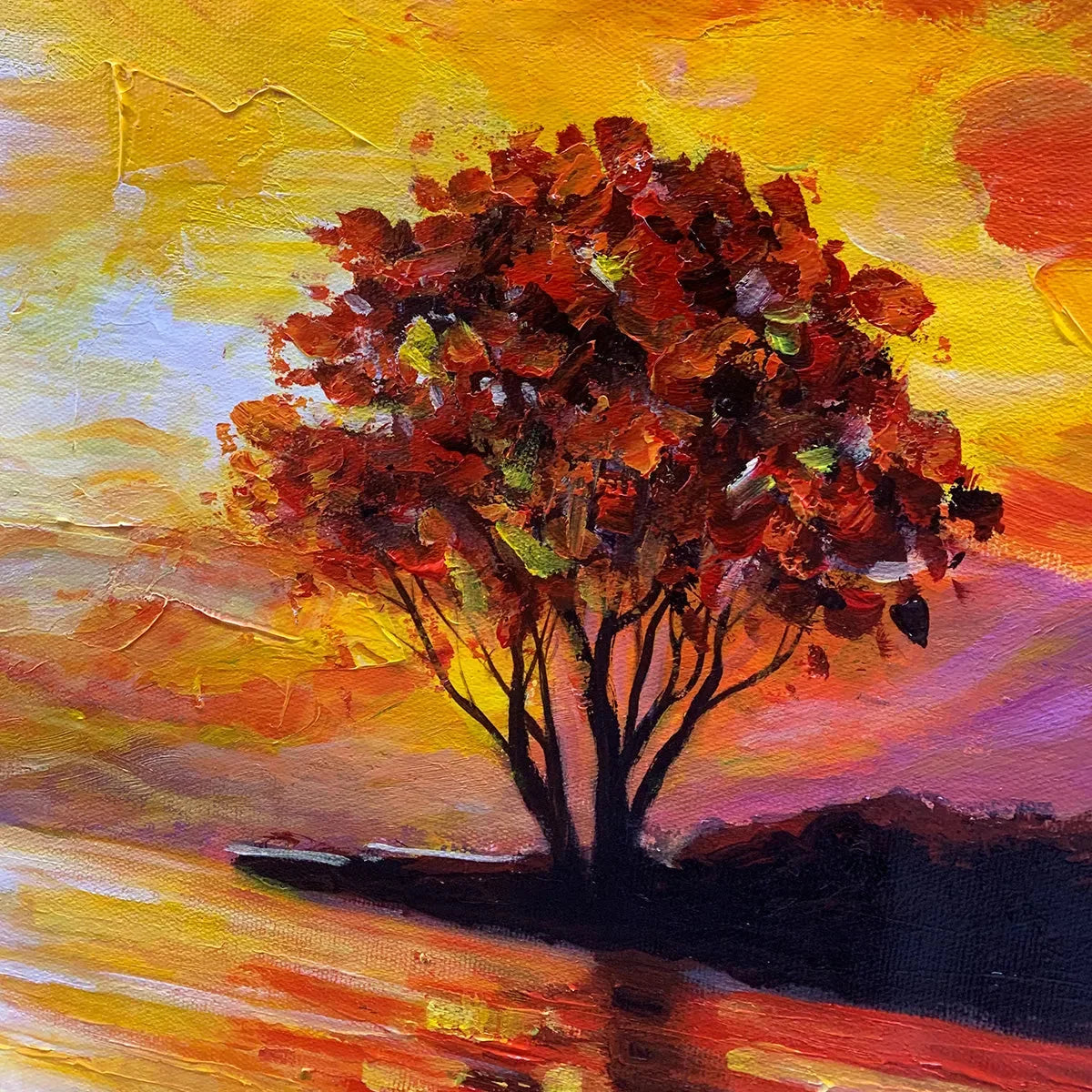SAILING AT SUNSET: Square Impasto Landscape Painting of a Tranquil Lake | rolled canvas, ready for custom framing