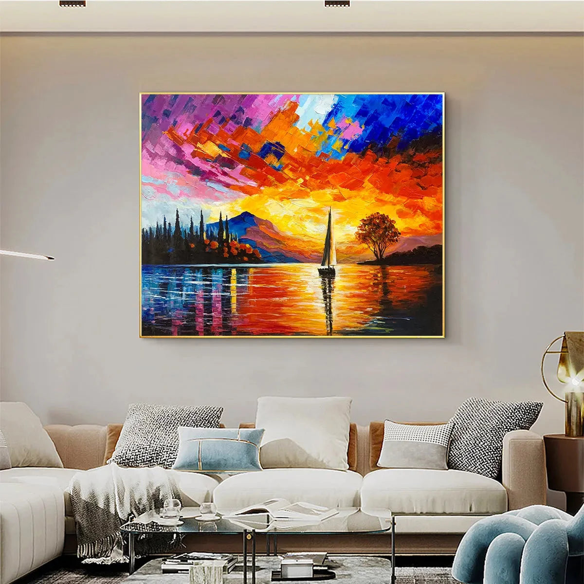 SAILING AT SUNSET: Square Impasto Landscape Painting of a Tranquil Lake | black frame version on white wall