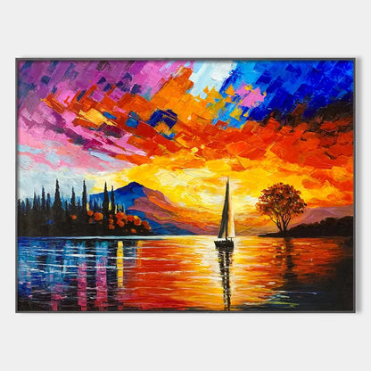 SAILING AT SUNSET: Square Impasto Landscape Painting of a Tranquil Lake | hanging in living room, Landscape wall art