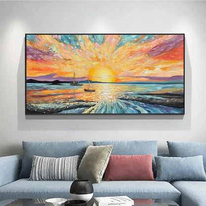 SAILING AT SUNSET: Vibrant Seascape Painting, Panoramic Canvas, Coastal Wall Art | Abstract closeup, raised brushwork detail