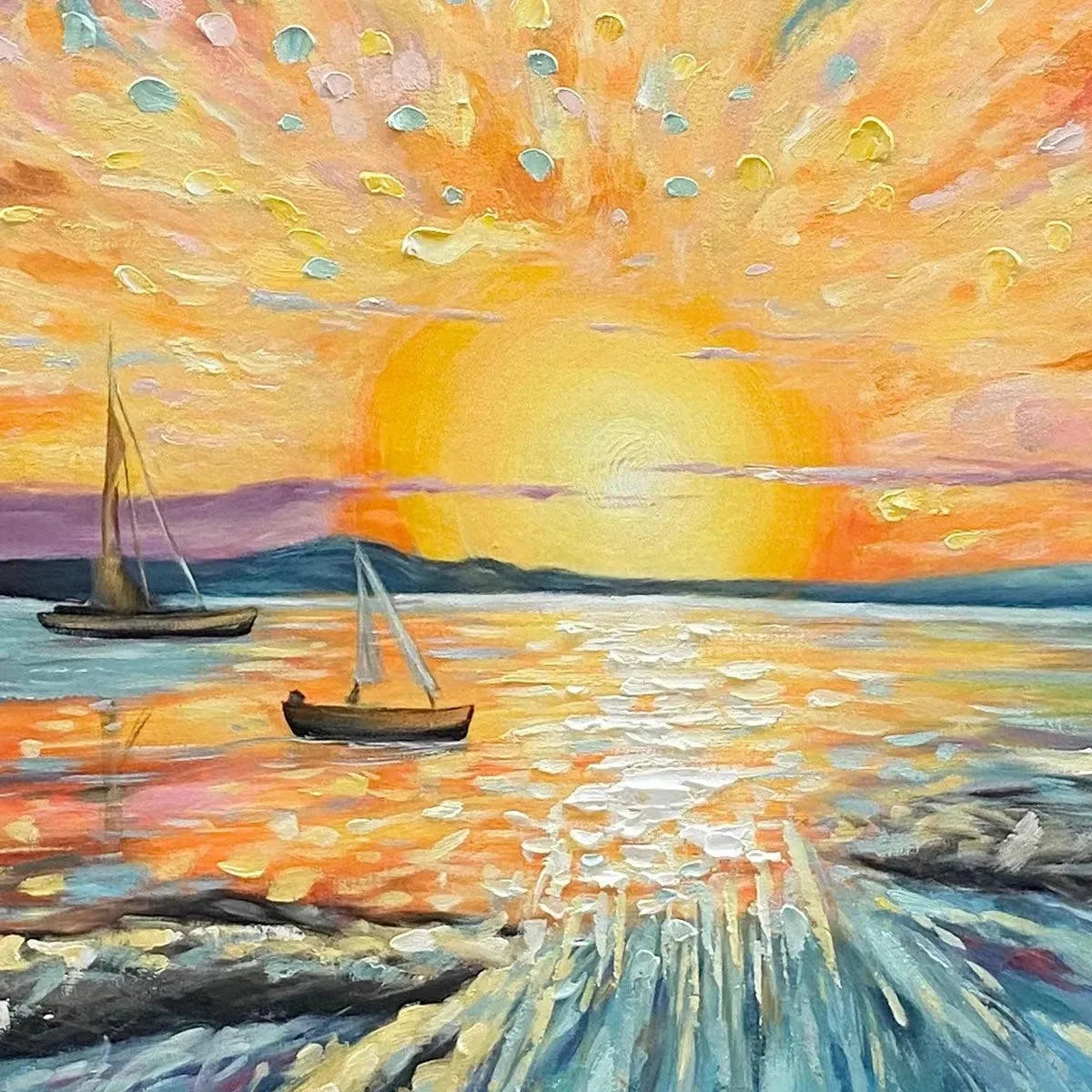 SAILING AT SUNSET: Vibrant Seascape Painting, Panoramic Canvas, Coastal Wall Art | rectangular format, hand-painted canvas edge