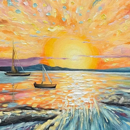 SAILING AT SUNSET: Vibrant Seascape Painting, Panoramic Canvas, Coastal Wall Art | rectangular format, hand-painted canvas edge