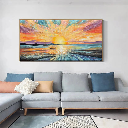 SAILING AT SUNSET: Vibrant Seascape Painting, Panoramic Canvas, Coastal Wall Art | gold frame stretched on neutral wall