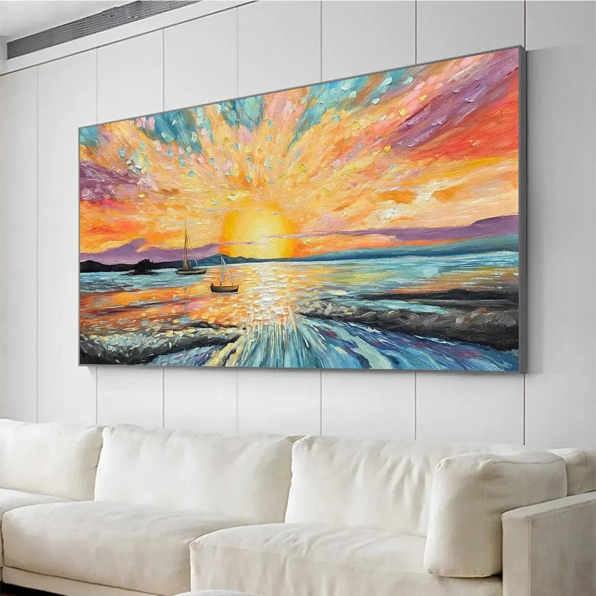 SAILING AT SUNSET: Vibrant Seascape Painting, Panoramic Canvas, Coastal Wall Art | black frame version on white wall