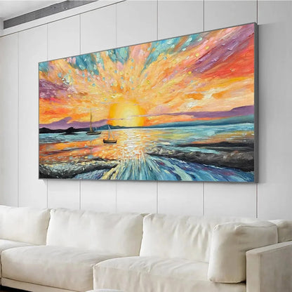 SAILING AT SUNSET: Vibrant Seascape Painting, Panoramic Canvas, Coastal Wall Art | black frame version on white wall