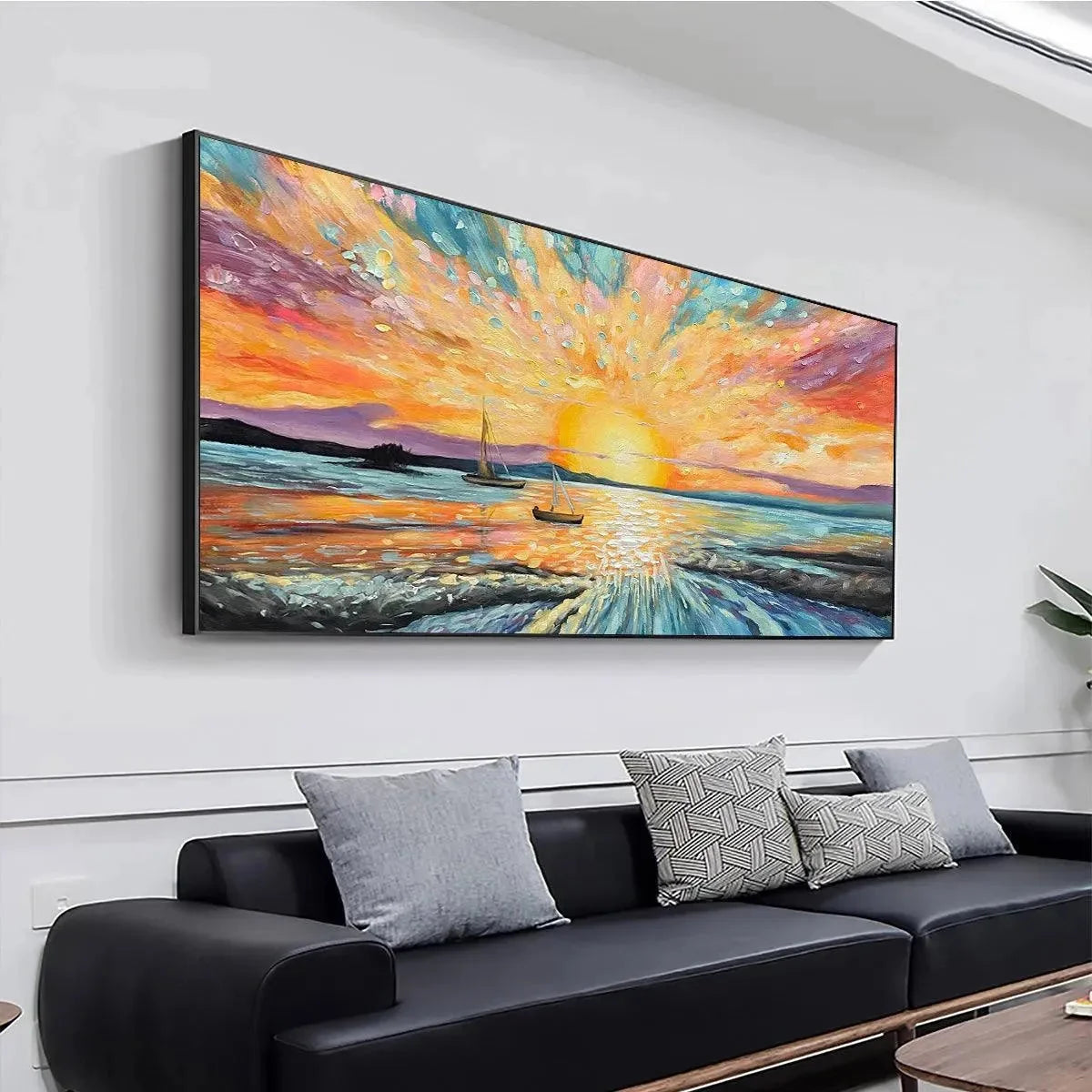 SAILING AT SUNSET: Vibrant Seascape Painting, Panoramic Canvas, Coastal Wall Art | Abstract mood, soft natural light studio shot