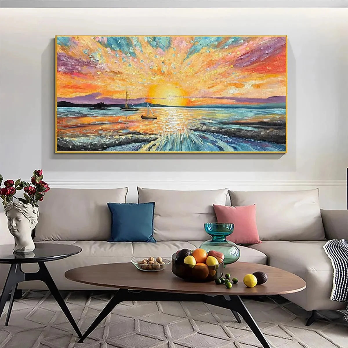 SAILING AT SUNSET: Vibrant Seascape Painting, Panoramic Canvas, Coastal Wall Art | multi-color palette, original oil on stretched canvas art