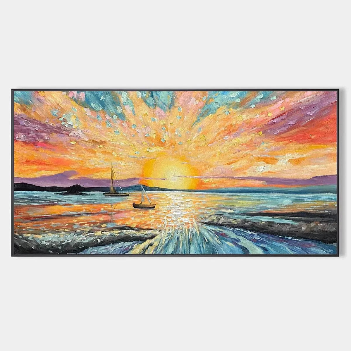 SAILING AT SUNSET: Vibrant Seascape Painting, Panoramic Canvas, Coastal Wall Art | hanging in living room, Abstract wall art