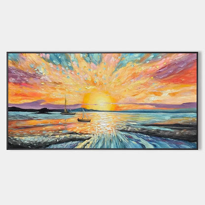 SAILING AT SUNSET: Vibrant Seascape Painting, Panoramic Canvas, Coastal Wall Art | hanging in living room, Abstract wall art