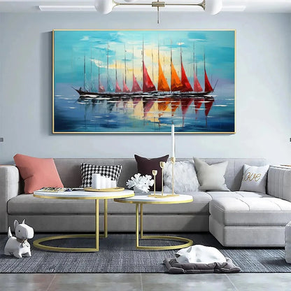 SAILING INTO SUNSET: Panoramic Sailboat Painting | Abstract closeup, raised brushwork detail