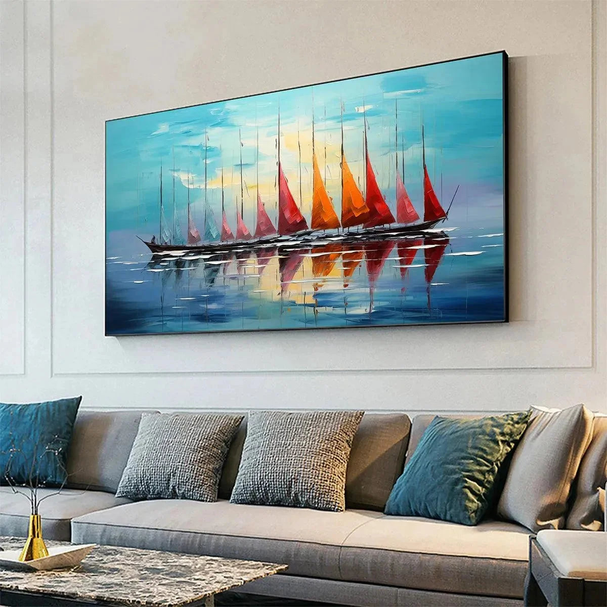 SAILING INTO SUNSET: Panoramic Sailboat Painting | rectangular format, hand-painted canvas edge