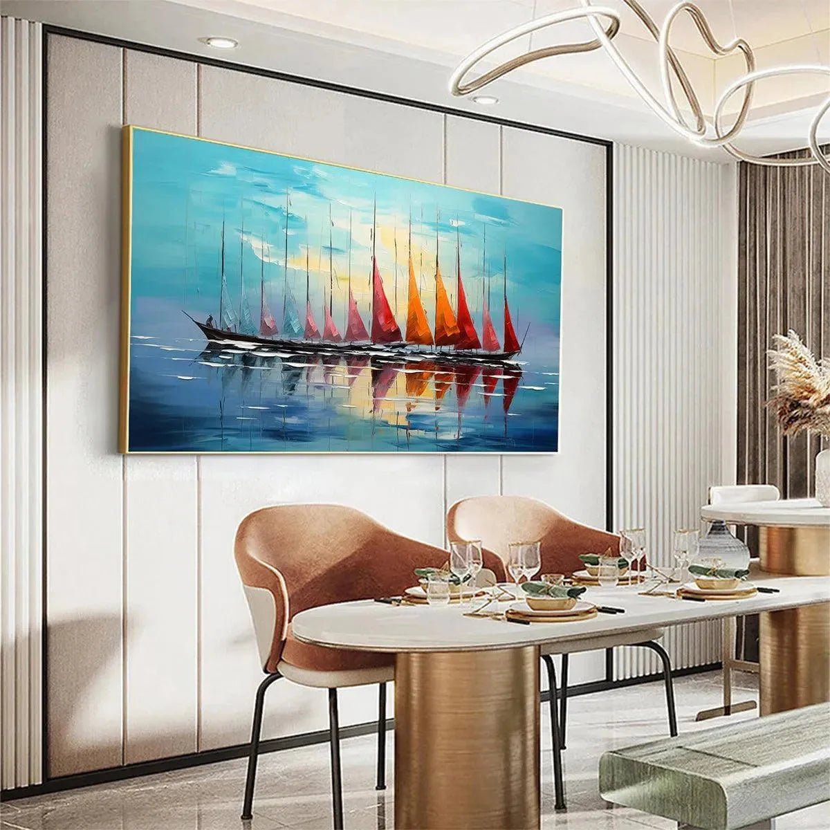 SAILING INTO SUNSET: Panoramic Sailboat Painting | gold frame stretched on neutral wall