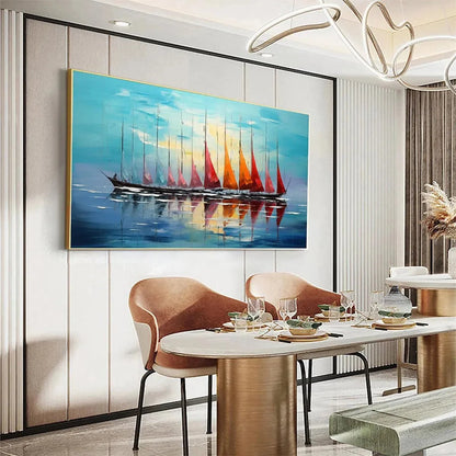 SAILING INTO SUNSET: Panoramic Sailboat Painting | gold frame stretched on neutral wall